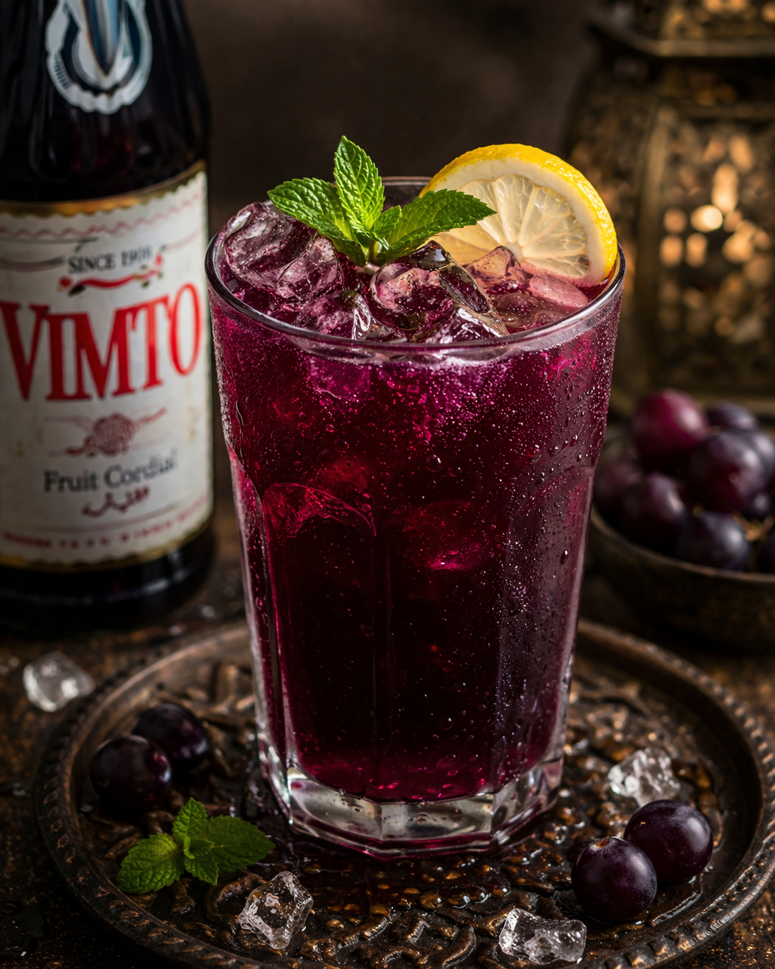 A tall glass of purple fruit cocktail with ice, garnished with lemon slices and mint leaves, on a tray with ice cubes and fresh plums, with a bottle of Vimto fruit cordial in the background.