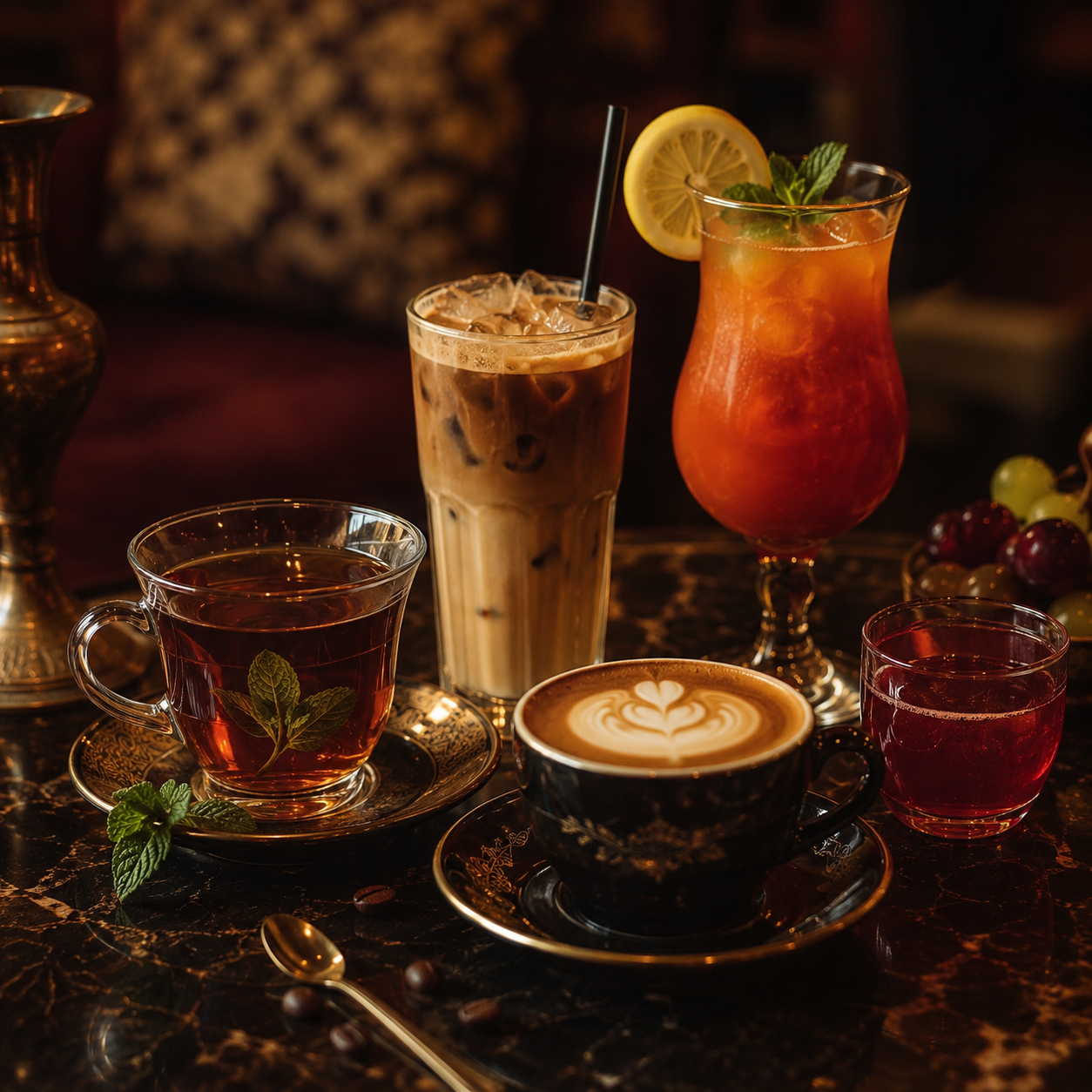 Various beverages including a cup of coffee with latte art, a glass of iced coffee, a glass of tea with mint and lemon, a pink cocktail with lime and mint, and a glass of iced tea, set on a dark marble table with a spoon and coffee beans.