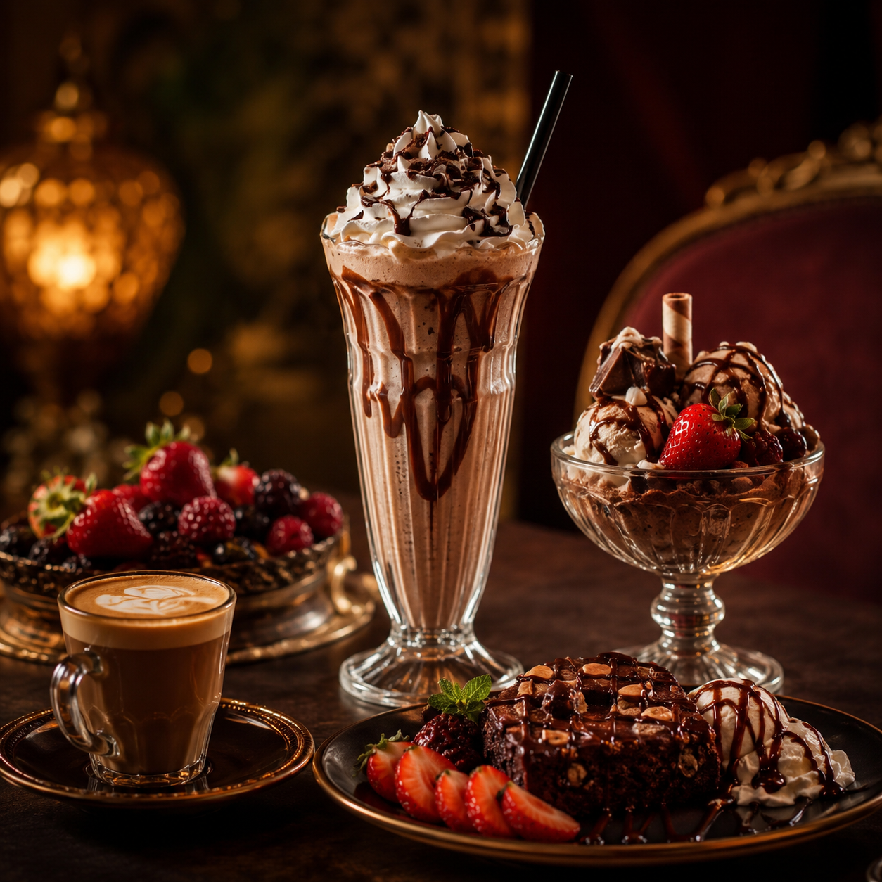 A variety of desserts including a large chocolate milkshake topped with whipped cream and chocolate shavings, a glass bowl of ice cream with strawberries and chocolate toppings, a plate with chocolate cake, strawberries, and whipped cream, a small cup of coffee, and a bowl of mixed berries, all set on a dark wooden table with warm, ambient lighting.