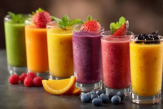 Six colorful fruit smoothies in tall glasses garnished with fresh fruit and mint, with assorted berries and fruit slices on a dark surface.