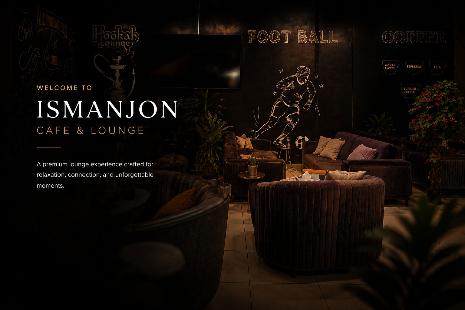 Interior of a lounge with dark walls, comfortable seating, and green plants. Chalkboard-style drawings and signs for electric hookah, football, and coffee are visible.