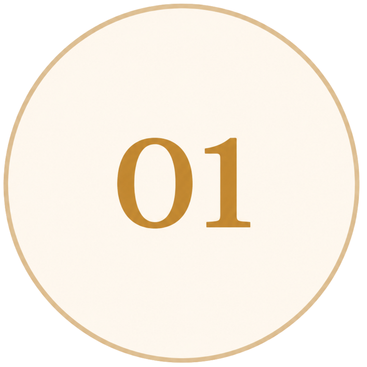 Oval sign with the number 01 in gold letters on a white background.