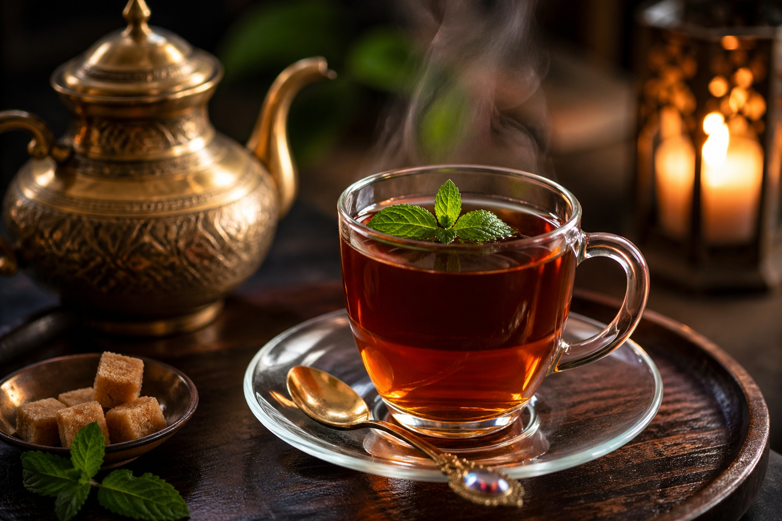 Steam rising from a hot cup of tea garnished with fresh mint leaves, placed on a glass saucer with a small gold spoon, on a dark wooden tray. In the background, a vintage brass teapot, a small bowl of brown sugar cubes, and a lit candle inside a decorative lantern create a cozy ambiance.