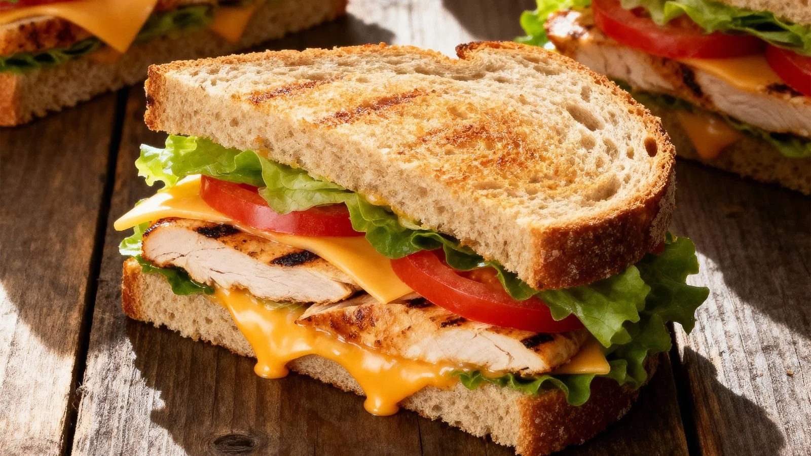 A grilled chicken sandwich with cheddar cheese, lettuce, and tomato on toasted bread, served on a wooden surface.