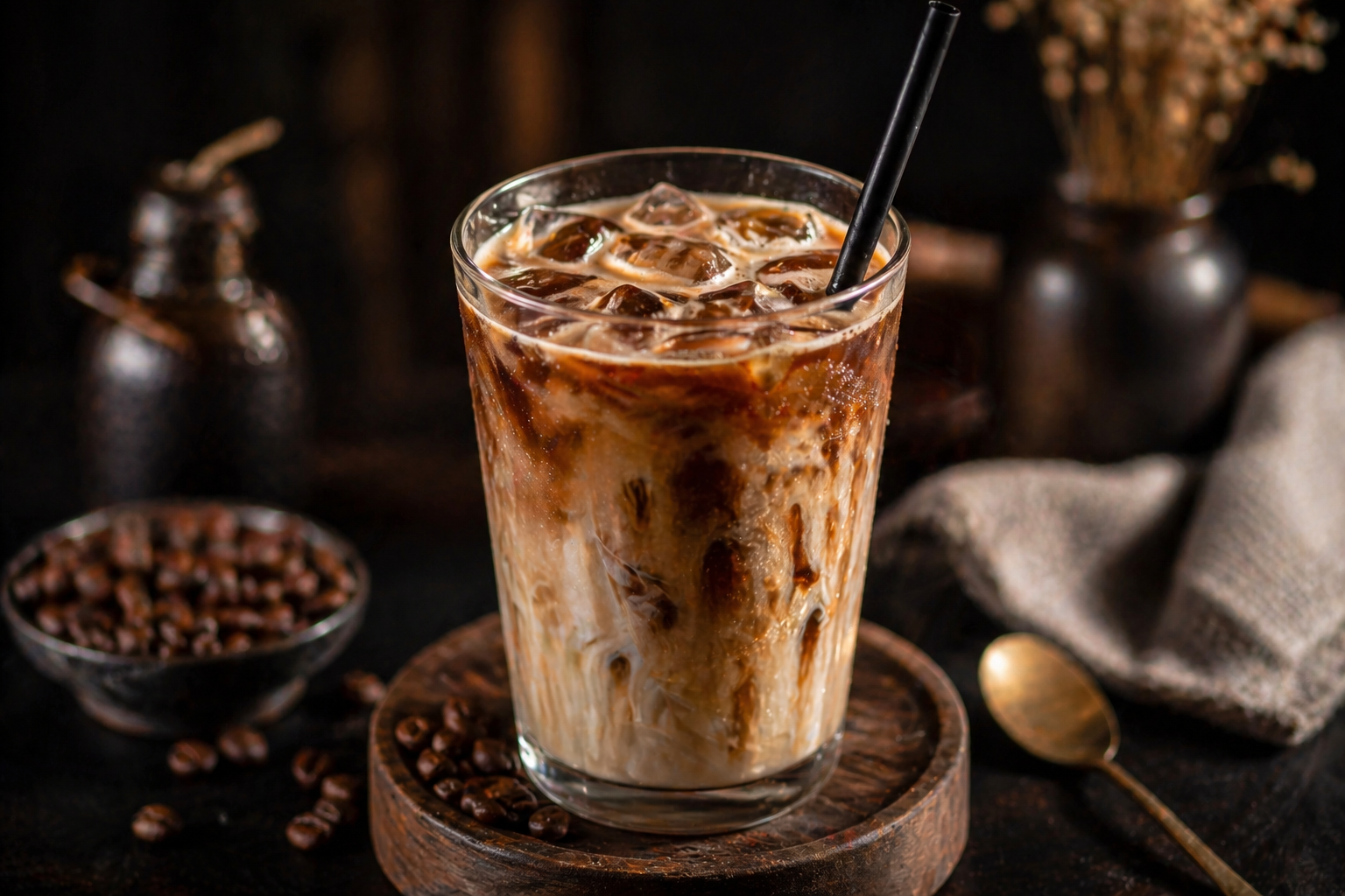 A tall glass of iced coffee with cream and chocolate syrup, with a straw, placed on a wooden coaster. Background includes coffee beans, a small bowl of coffee beans, a jar, a cloth, and a golden spoon, all on a dark surface.
