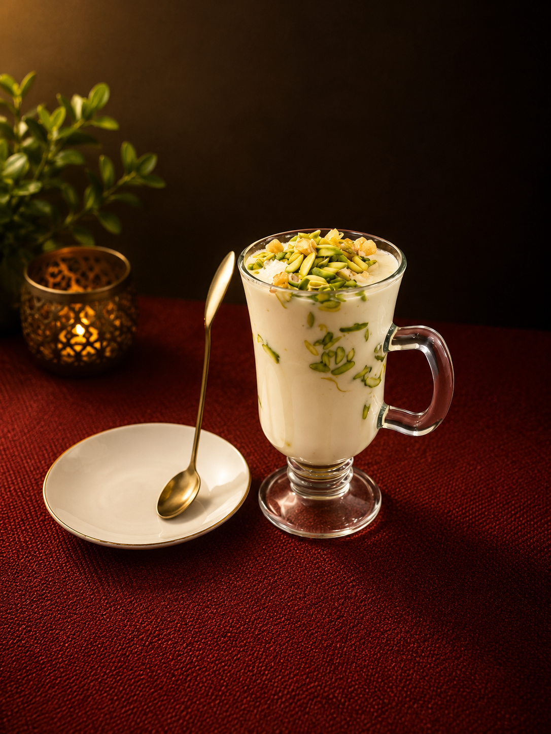 A glass mug filled with a creamy beverage garnished with chopped nuts and slivered almonds on top, placed on a red textured surface with a gold spoon on a small white plate nearby, and a lit candle and plant in the background.