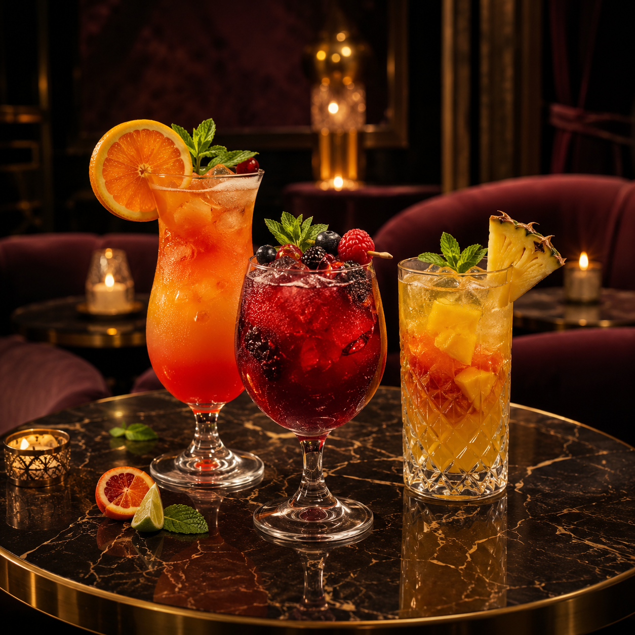 Three colorful cocktails on a black marble table in a dimly lit lounge. The first cocktail is orange with a slice of orange and mint garnish, the second is deep red with berries and mint, and the third is yellow with pineapple chunk and mint, all with ice and decorative fruit garnishes.