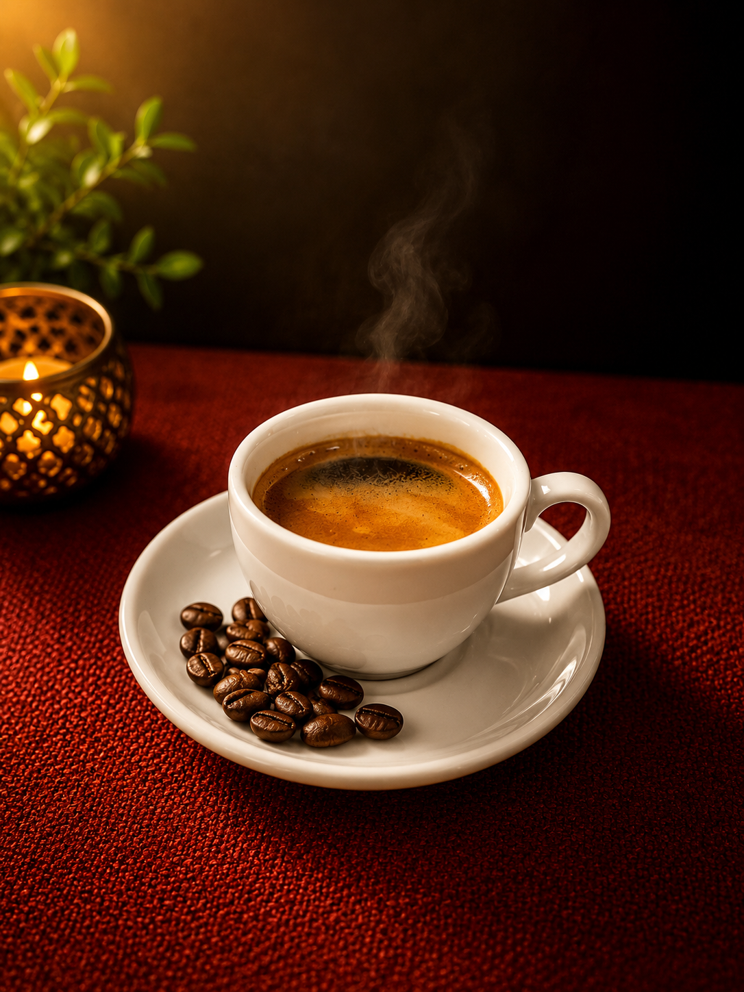 A white coffee cup with hot coffee on a saucer, with coffee beans on the side, on a red textured surface, with a small plant and a candle holder in the background.