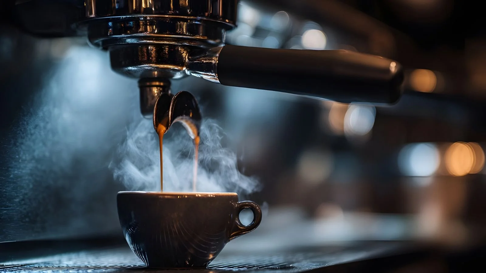 Close-up of an espresso machine pouring espresso into a small black cup, with steam rising from the coffee.