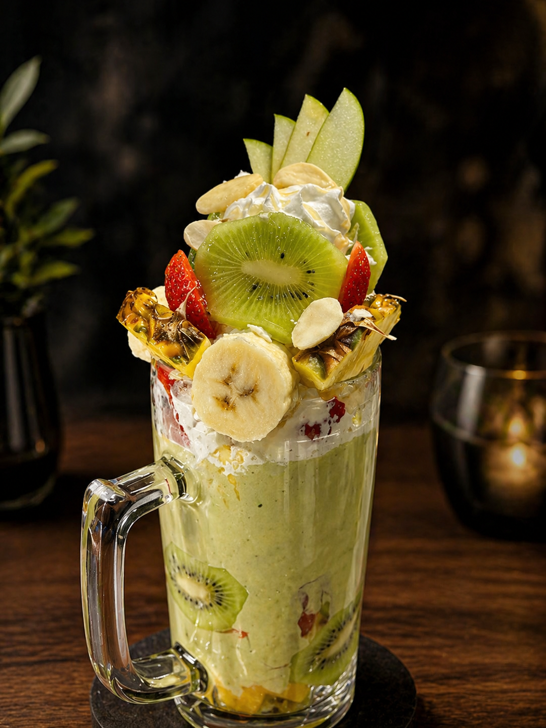 A tall glass filled with a green smoothie topped with assorted fresh fruits like kiwi, banana, strawberries, green apple slices, and garnished with whipped cream and nuts.