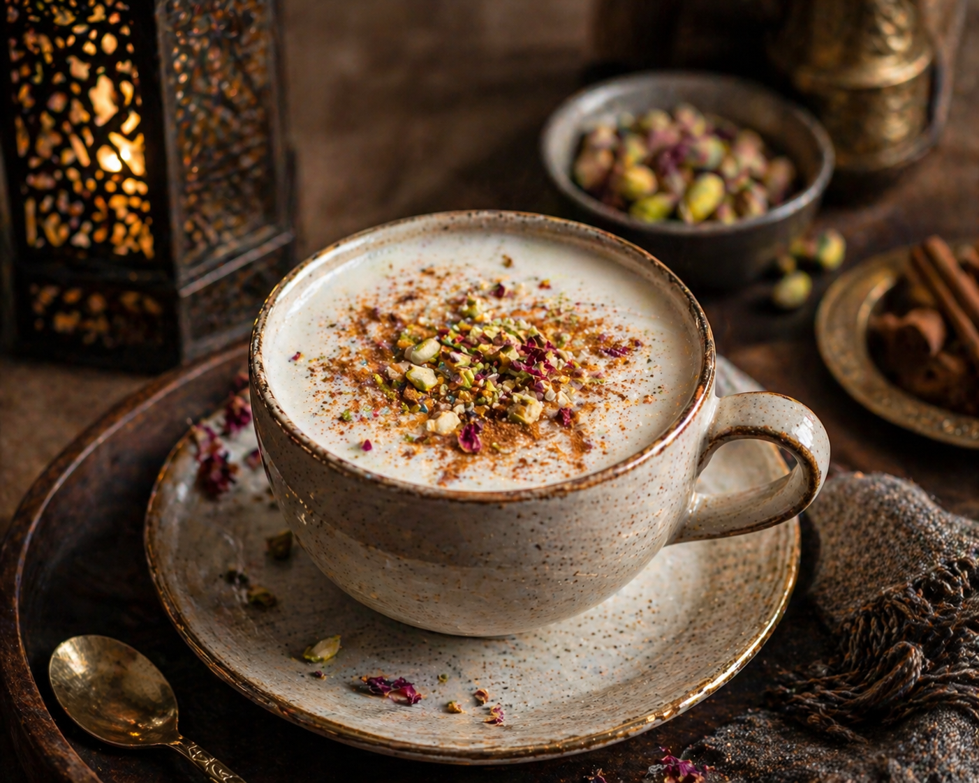 A ceramic cup filled with a creamy beverage topped with chopped pistachios and spices, sitting on a matching saucer on a wooden tray, with bowls of pistachios and cinnamon sticks nearby.