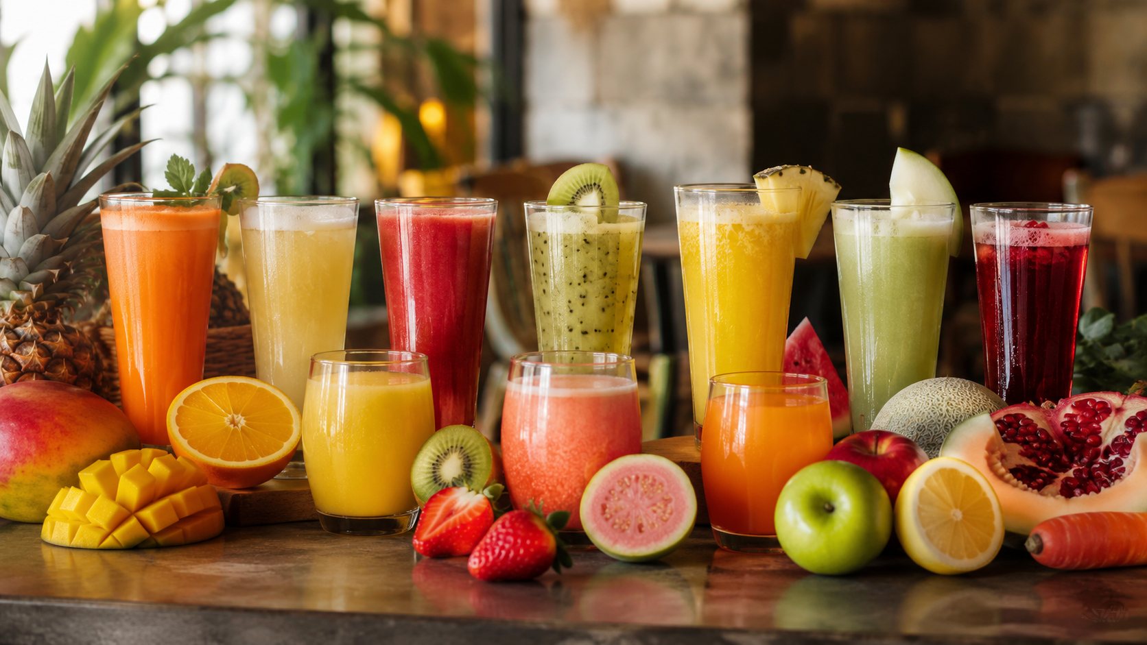 A variety of colorful fresh fruit juices and smoothies in tall glasses, surrounded by whole and sliced fruits including pineapple, mango, orange, lemon, strawberry, kiwi, watermelon, pomegranate, honeydew, and carrot, on a wooden surface.