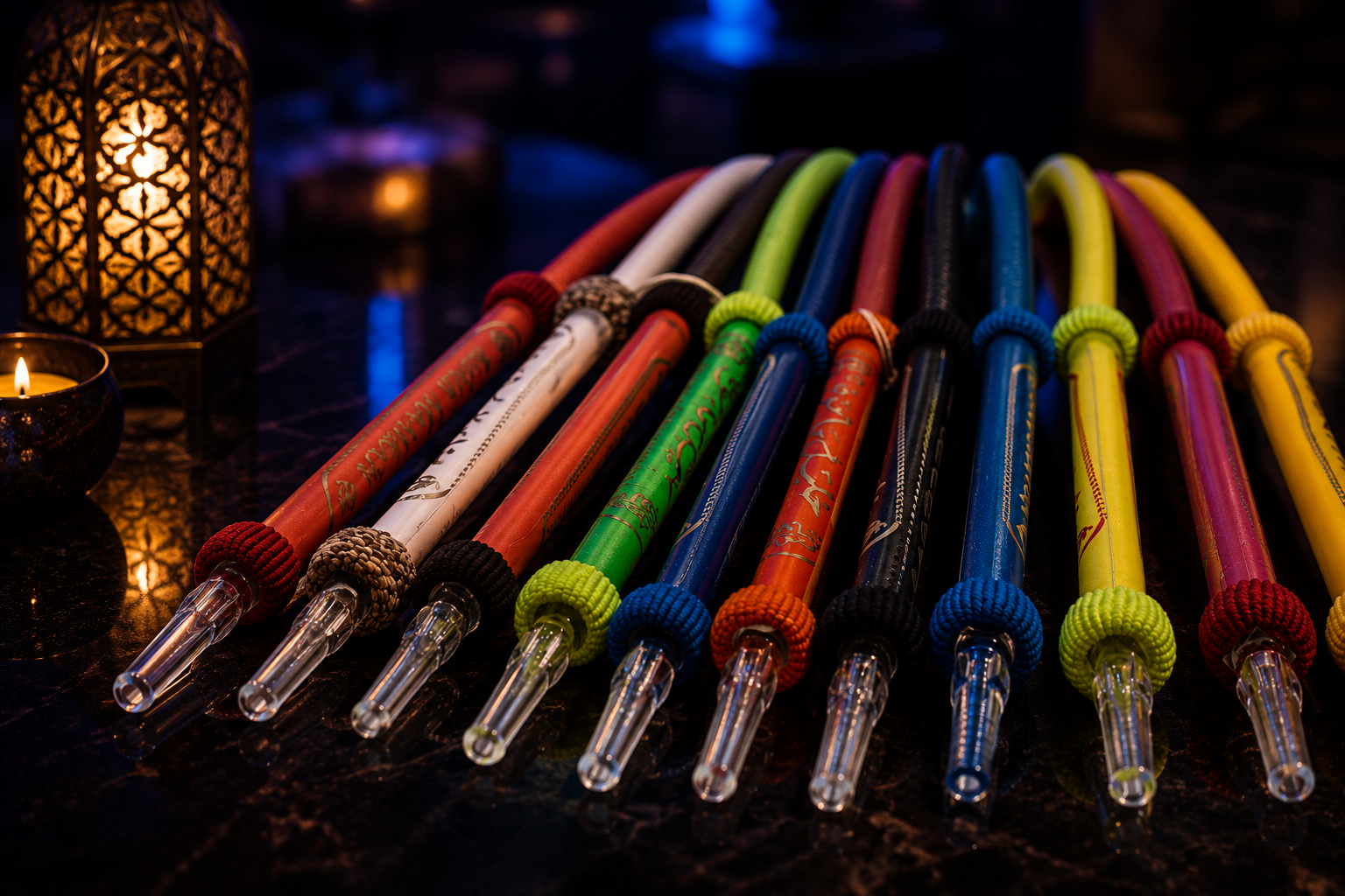 Colorful hookah hoses arranged on a dark table beside a decorative lantern and a candle.