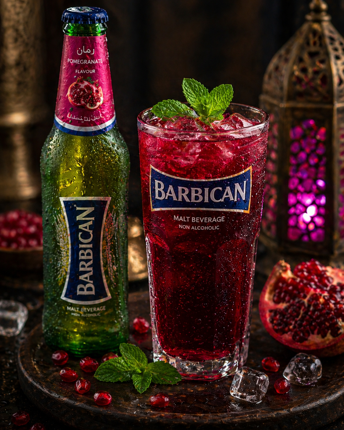 A bottle of Barbican non-alcoholic malt beverage with pomegranate flavor next to a glass filled with a red beverage and ice, garnished with mint leaves, and surrounded by pomegranate seeds, ice cubes, and decorative lanterns in the background.