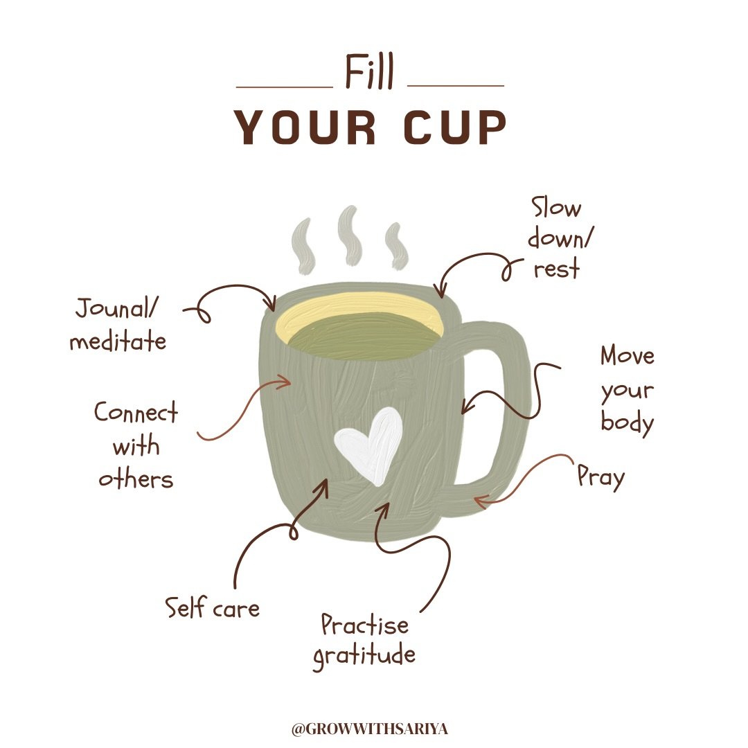 I always remind my clients of this:
 &ldquo;You don&rsquo;t burn out because you care too much, you burn out because you&rsquo;re so busy with life, giving to everyone else and leaving nothing for yourself.&rdquo;

Filling your cup isn&rsquo;t selfis