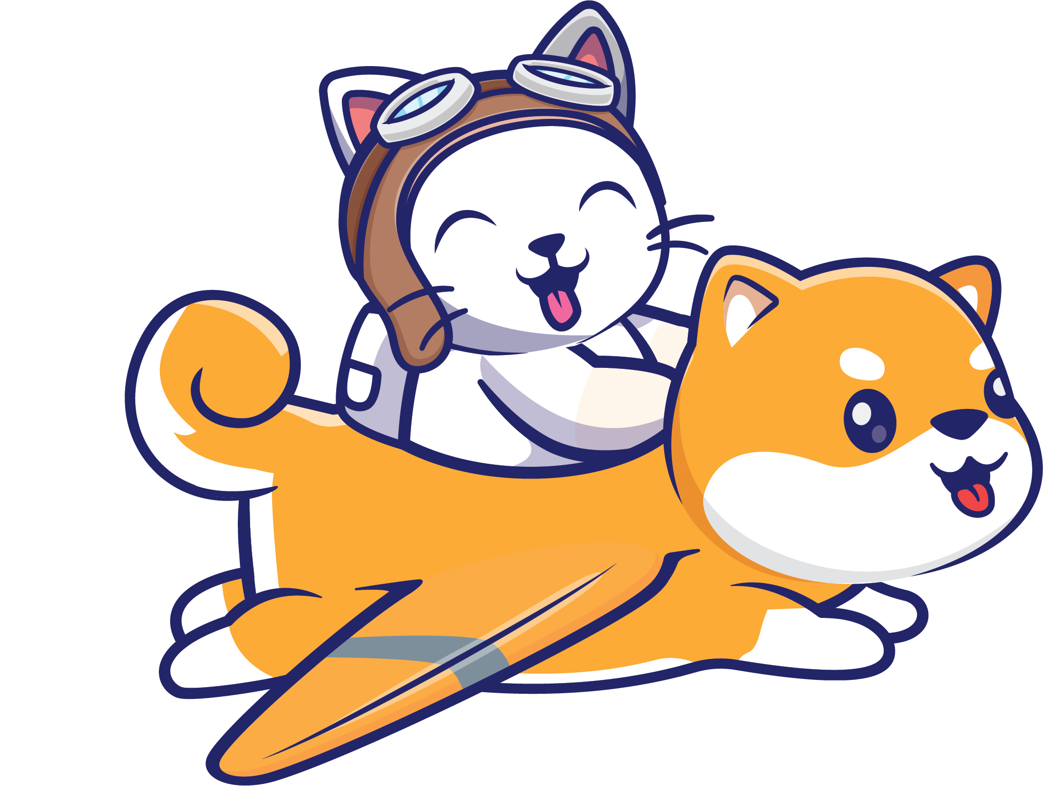 A cartoon image of a smiling cat wearing goggles riding on an orange dog, both with exaggerated happy expressions and a black background.
