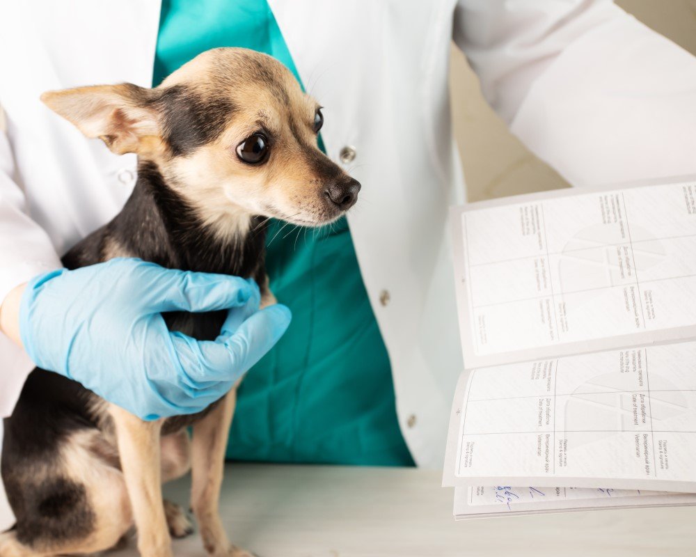 A veterinarian wearing blue gloves and a teal apron examining a small dog at a veterinary clinic, with an open medical chart in front.