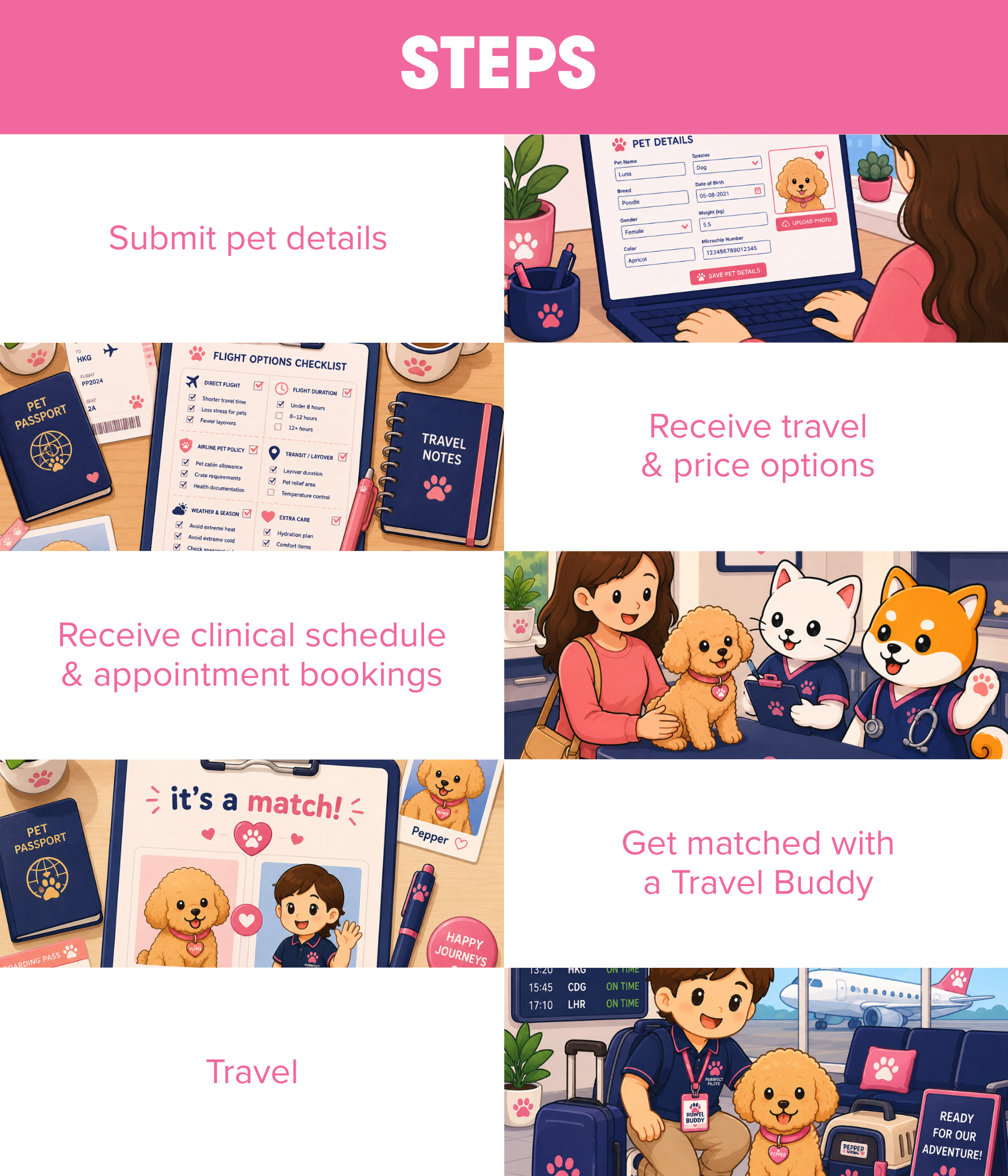 Illustration showing steps to submit pet details, receive travel and price options, and get a travel buddy at an airport terminal with characters and pet-themed items.
