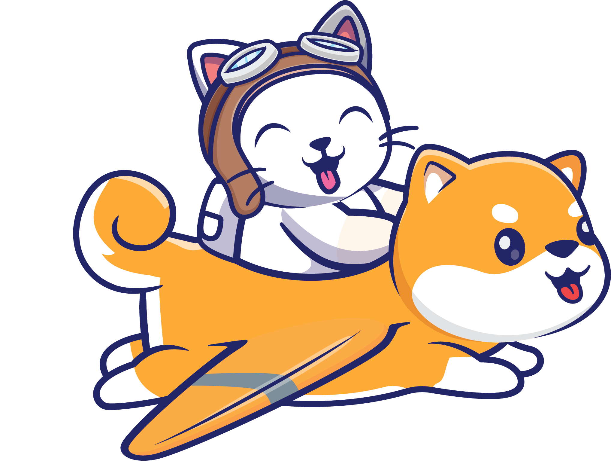 Illustration of a happy cartoon cat riding on the back of a cheerful cartoon dog, both appearing to be in motion against a black background.