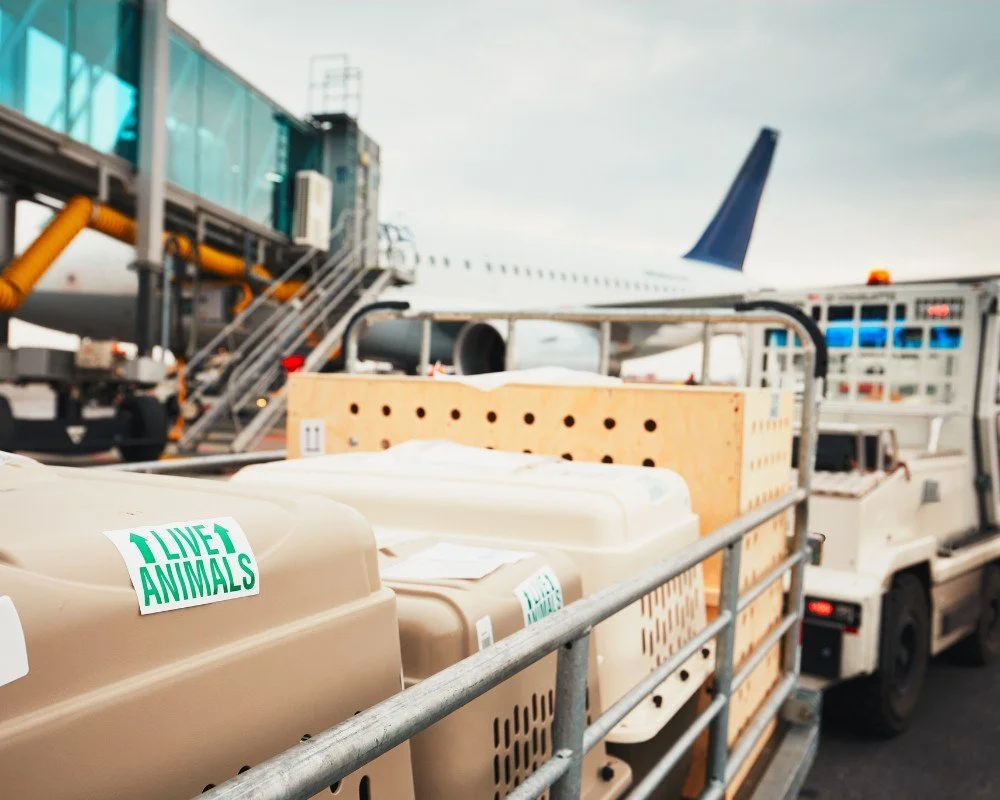 Animal crates on a luggage cart at an airport with an airplane in the background.