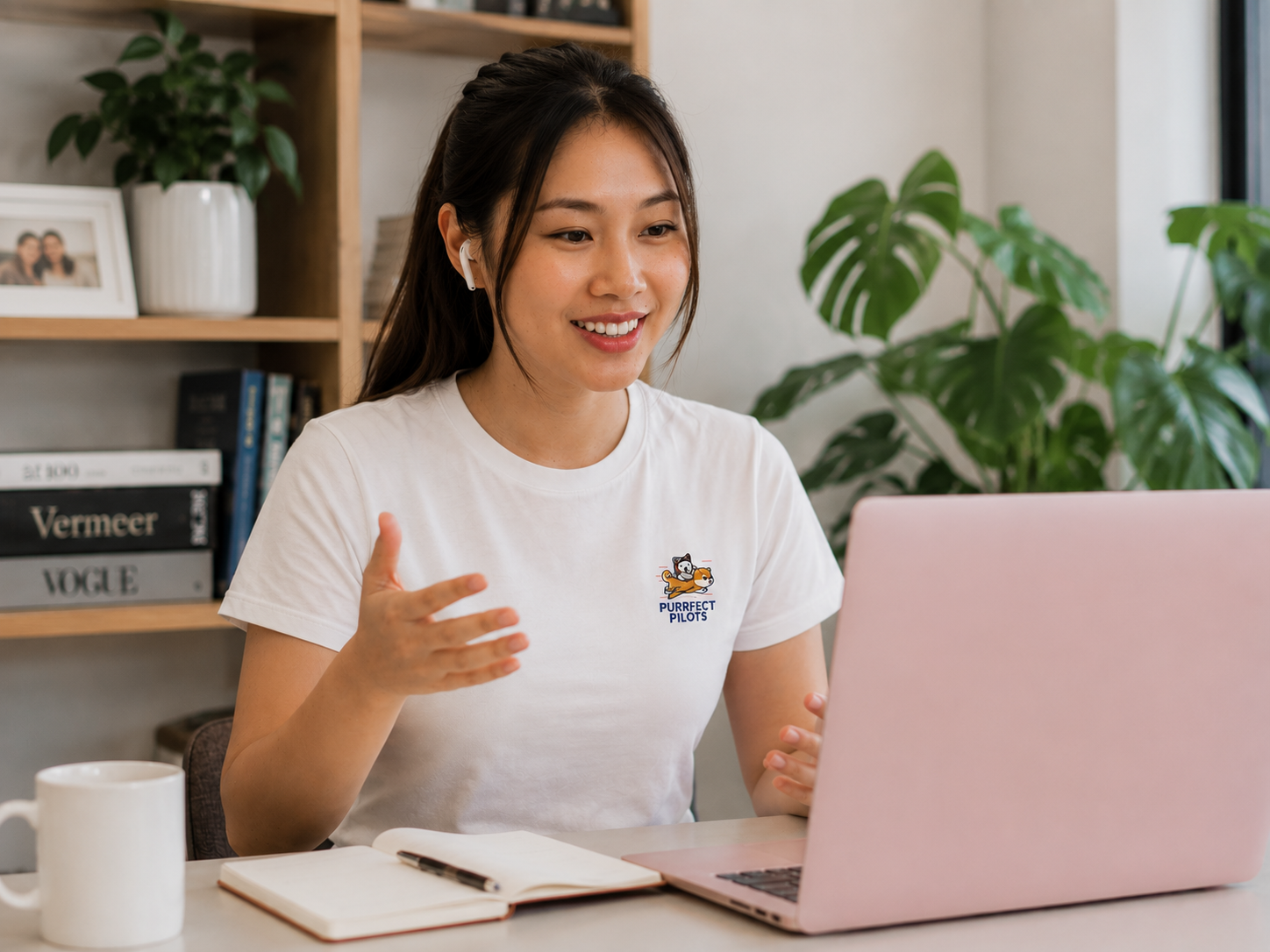 Young woman speaking during a video call or virtual meeting, sitting at a desk with a pink laptop, notebook, pen, and white mug, in a cozy home office with books, framed photo, and large green plant in the background.