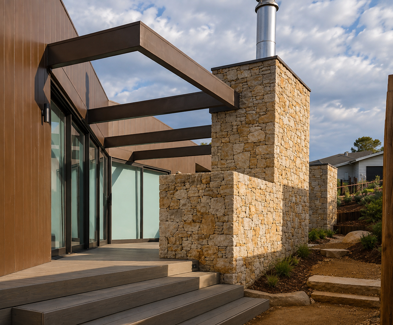 Modern house exterior with wooden siding, large glass sliding doors, stone clad columns, and a wooden deck under a partly cloudy sky.