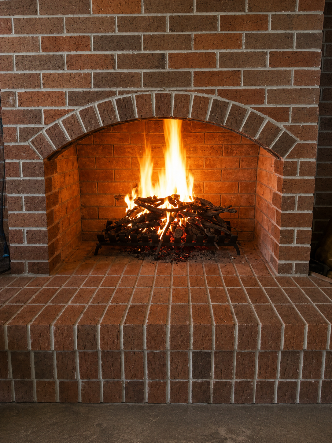A lit fireplace with a brick surround and a cozy fire inside.