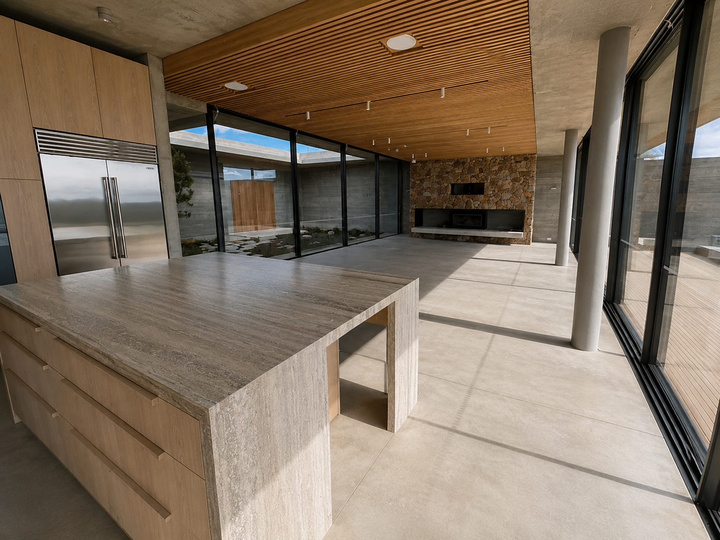 Modern interior of a house with large glass windows, a kitchen island with a stone countertop, and a living area with a stone cladded fire place and feature wall.