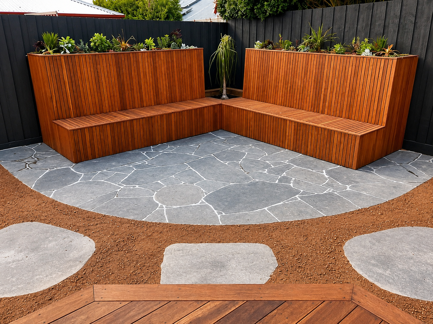 A backyard patio with two wooden built-in benches, a central garden bed with various plants and succulents, a black wooden fence, and a bluestone paved floor area.