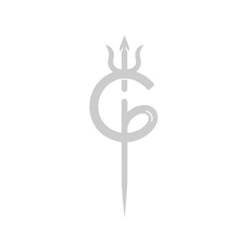 A design combining a trident, a sickle, and a sword aligned vertically.