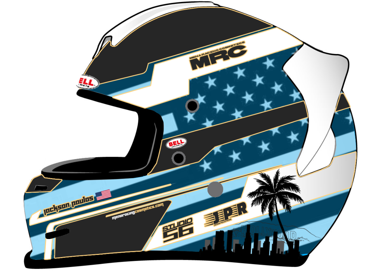 Racing helmet with a city skyline, palm tree, American flag, stars, and racing sponsor logos.