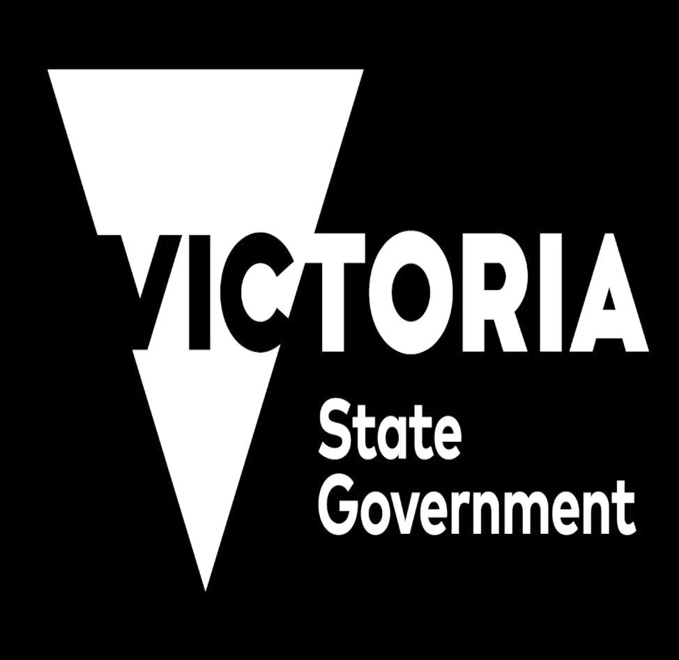 Black background with a white downward-pointing triangle and the words "Victoria State Government" in white text.