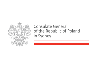 Logo of the Consulate General of the Republic of Poland in Sydney with an eagle emblem and red stripe.