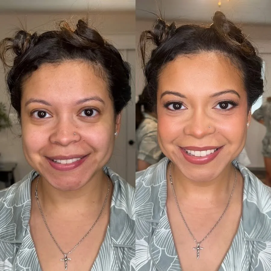 Comparison of a woman before and after makeup application, with styling of hair into two space buns, wearing a striped shirt, and a necklace with a cross pendant.