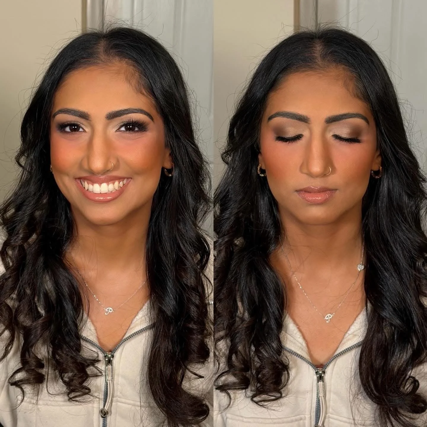 Comparison of a woman with a makeup look, showing a smiling face on the left and closed eyes on the right.
