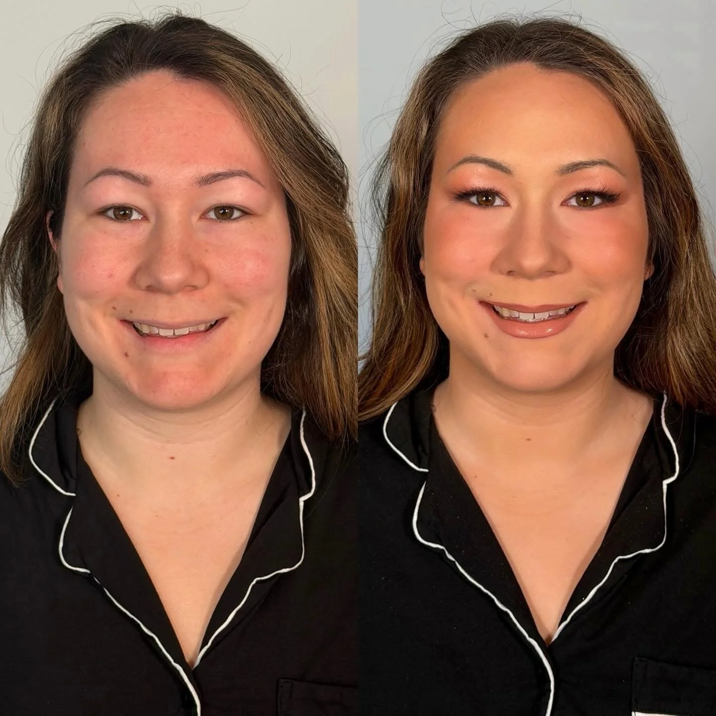 Side-by-side portrait images of the same woman, showing a before and after makeup transformation with natural and polished looks.