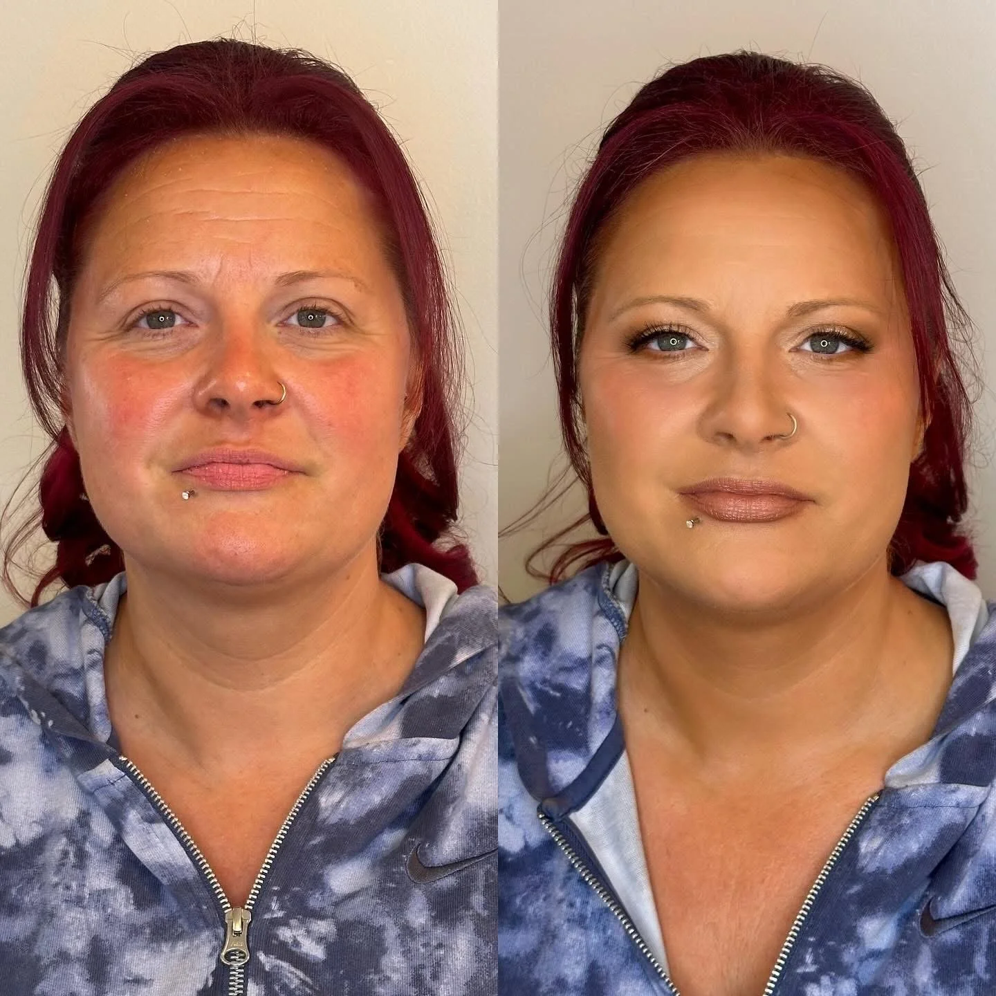 Side-by-side images of a woman with red hair, before and after makeup, wearing a blue tie-dye hoodie. In the left image, she has no makeup; in the right, she has applied makeup, including foundation, eye makeup, and lipstick.