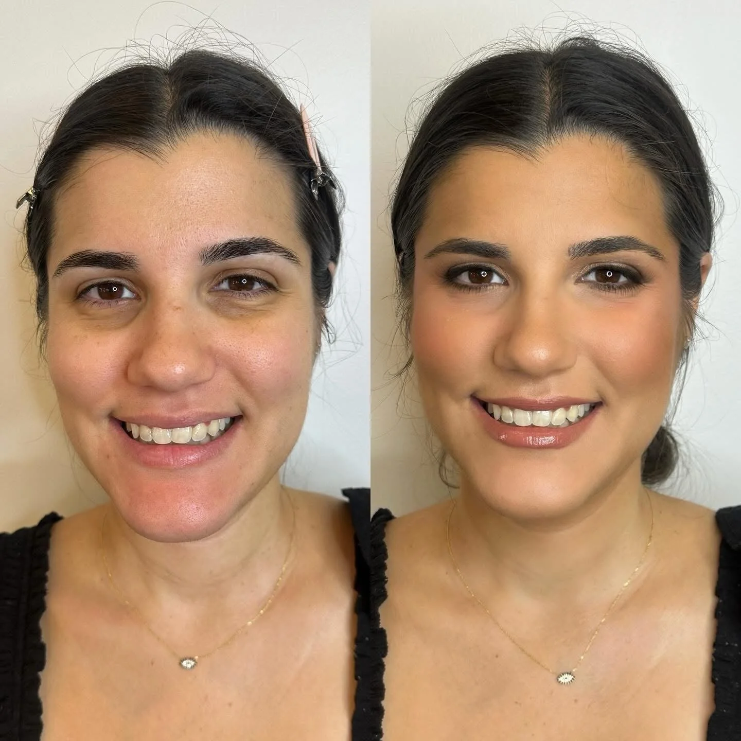 Before and after photos of a woman showing the results of makeup and cosmetic enhancements, smiling in both images.