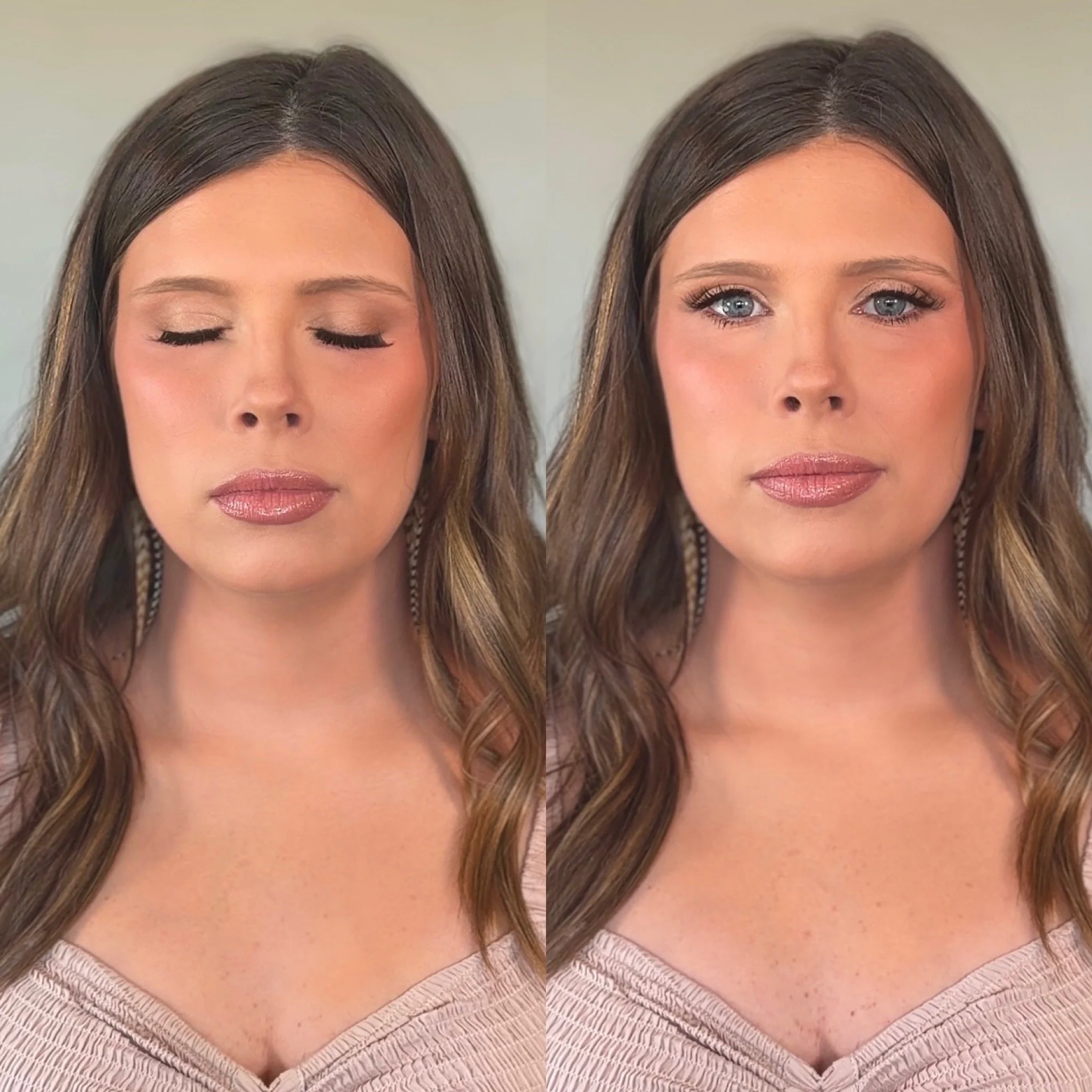 Close-up image of a woman with long brown hair, closed eyes, neutral expression, wearing a beige textured top.