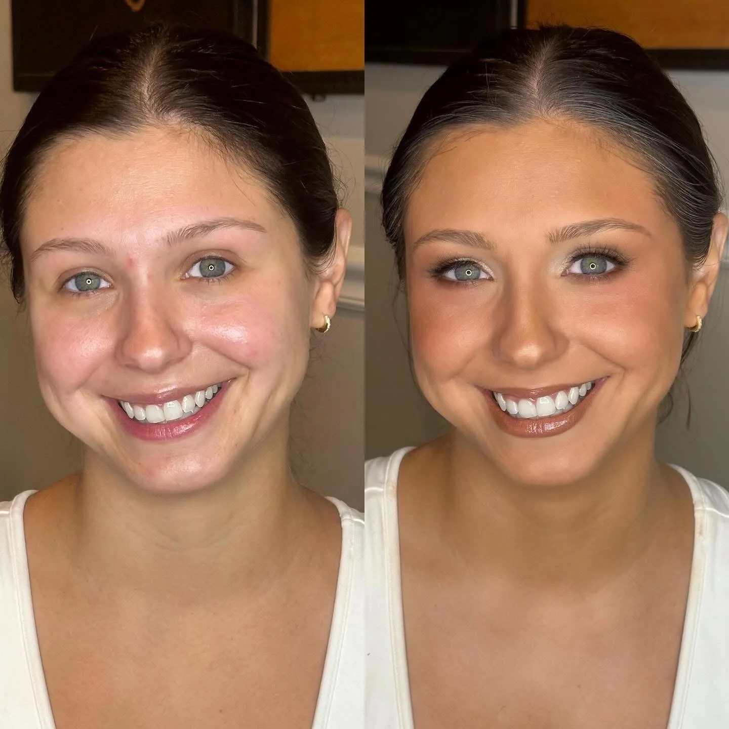 A side-by-side comparison of a woman's face before and after makeup application, showing enhanced makeup with foundation, eye makeup, and lipstick.