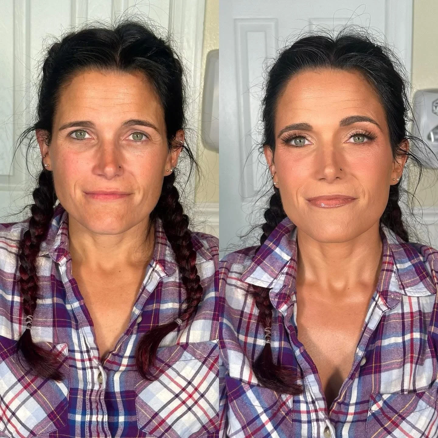 Side-by-side comparison of a woman before and after makeup, with a plaid shirt and braided hair.