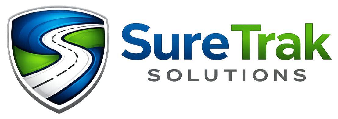Logo for SureTrak Solutions featuring a shield with a winding road and the company name in colorful text.