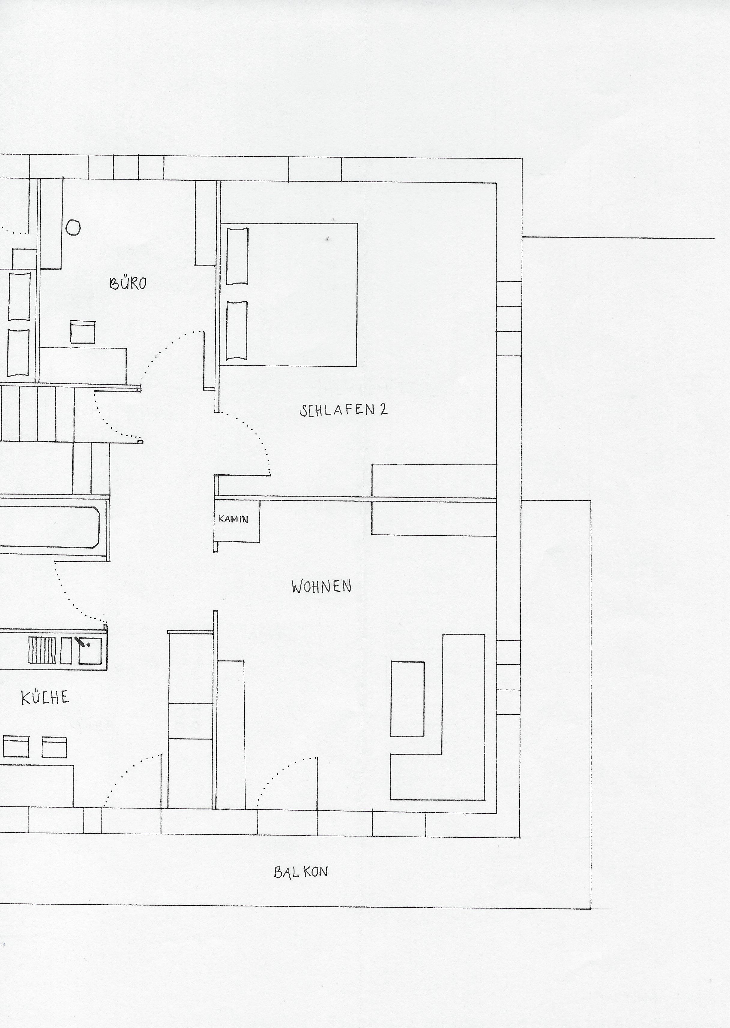 Grundriss eines Hauses mit Räumen wie Küche, Wohnzimmer, Büro, Schlafzimmer 2, Balkon und Kamin, alles in Schwarz-Weiß-Linienzeichnung auf weißem Hintergrund.