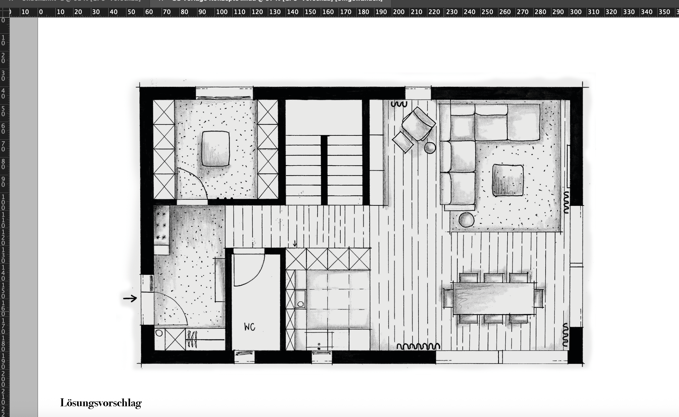 Grundriss eines Hauses mit verschiedenen Räumen, darunter ein Wohnzimmer mit Couch und Sessel, einen Flur, ein Badezimmer, eine Küche und einen Essbereich. Das Bild ist in Schwarz-Weiß gehalten.
