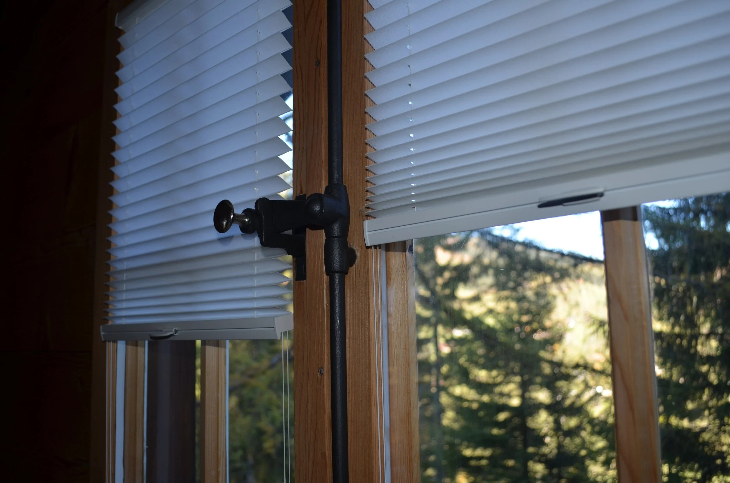 Ein Fenster mit weißen Jalousien, die teilweise geöffnet sind. Es ist eine Holzrahmen im Inneren und im Hintergrund sind Bäume zu sehen.