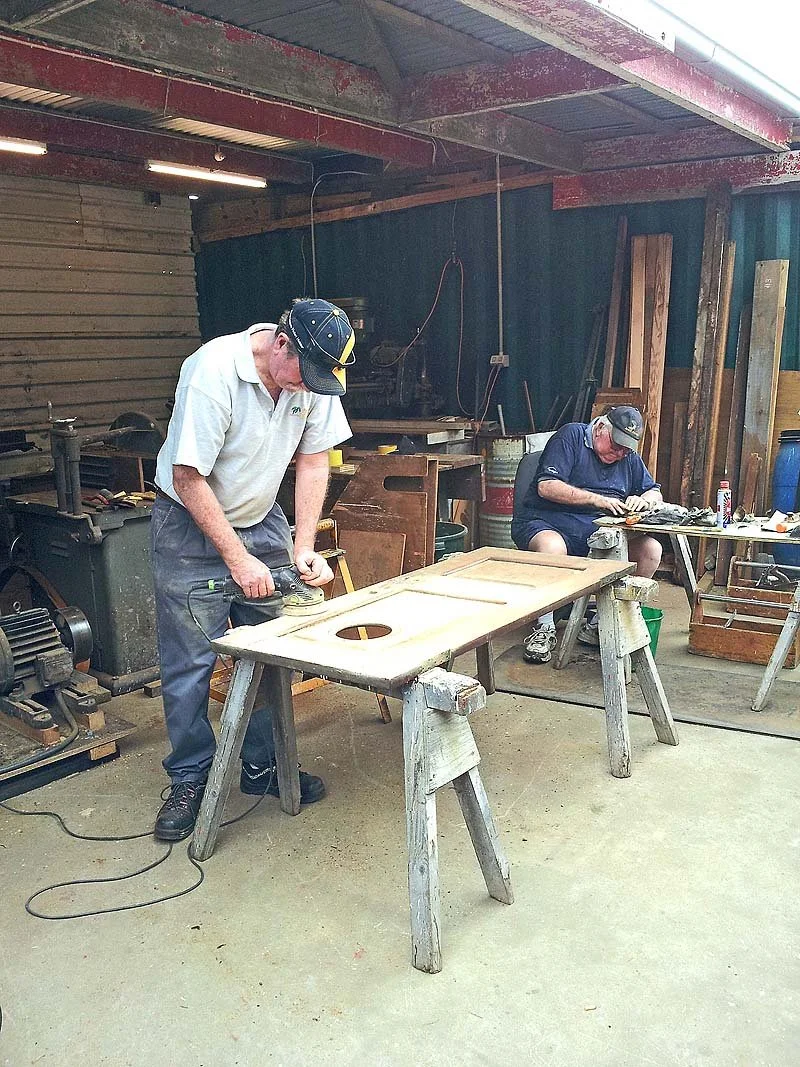 Chief Engineers cabin door being refinished
