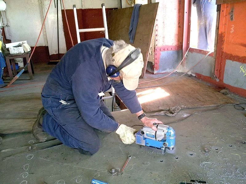 Using Hougen magnetic base drill on main deck steel