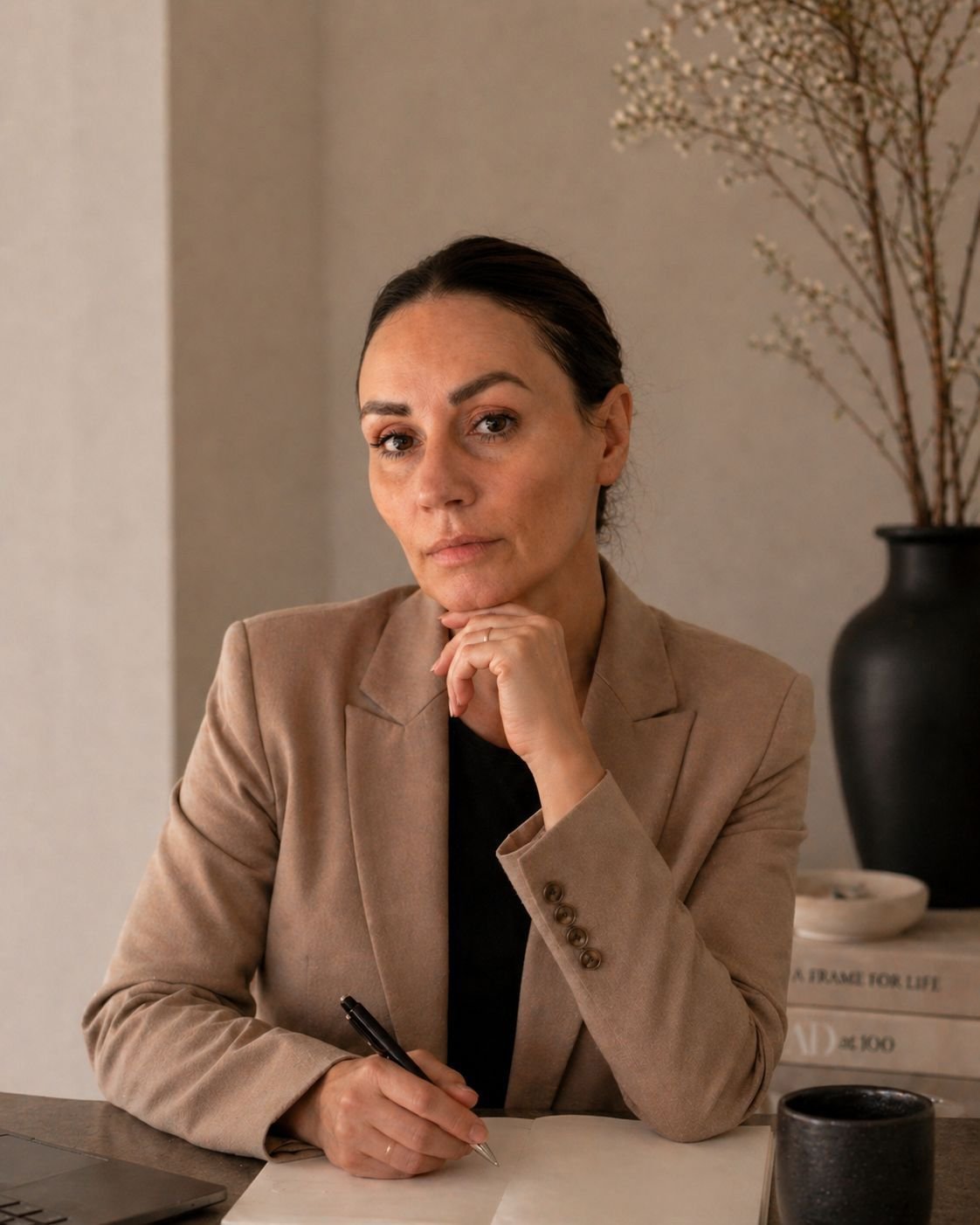 A woman with dark hair pulled back, wearing a tan blazer, sitting at a desk with a pen and paper, resting her chin on her hand, looking at the camera. In the background, there is a black vase with dried flowers and a stack of books.