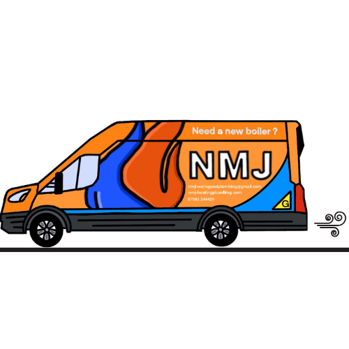 A colorful truck with orange, blue, and black colors advertising NMJ heating and plumbing services, featuring a water pipe and a water droplet logo.