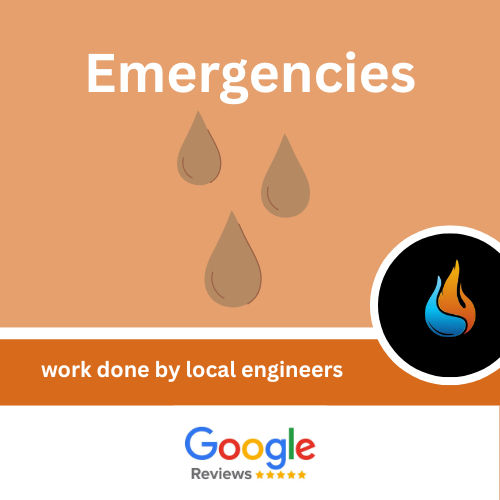 A graphic with the word 'Emergencies' at the top, three drops falling, and a logo with a flame and water icon, indicating work done by local engineers, with a note about Google reviews.